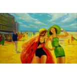 Ladies on a Beach, 20th century oil on canvas unsigned 60cm x 90.