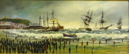 Robert Sheader (British 20th century): Lifeboat Launching in South Bay Scarborough in Stormy Seas,