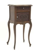 French walnut shaped marble top bedside cabinet, single drawer above marble lined cupboard,
