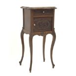 French walnut shaped marble top bedside cabinet, single drawer above marble lined cupboard,