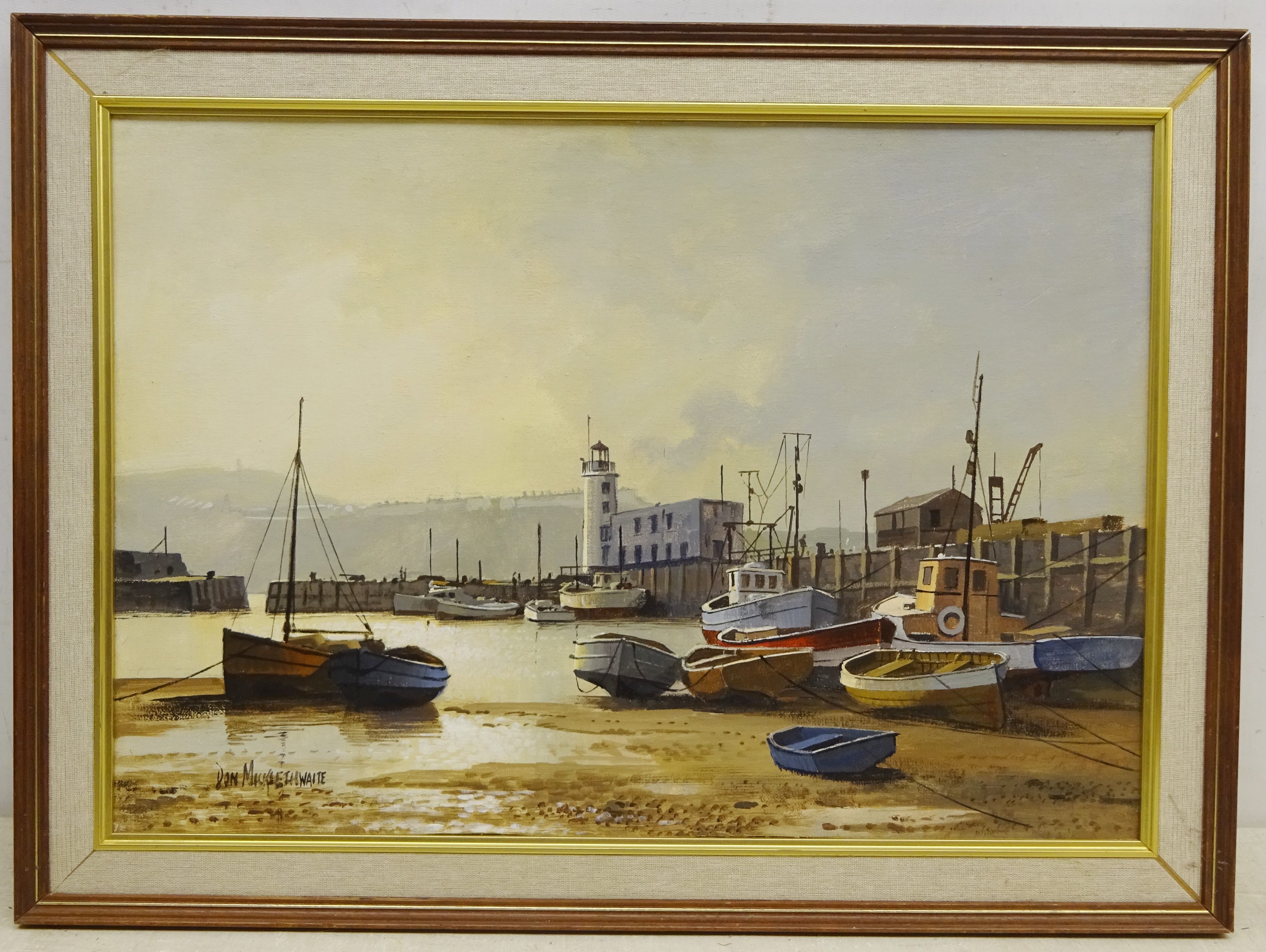 Don Micklethwaite (1936-): Beached Fishing Boats in Scarborough Harbour, oil on board signed 34. - Image 2 of 2