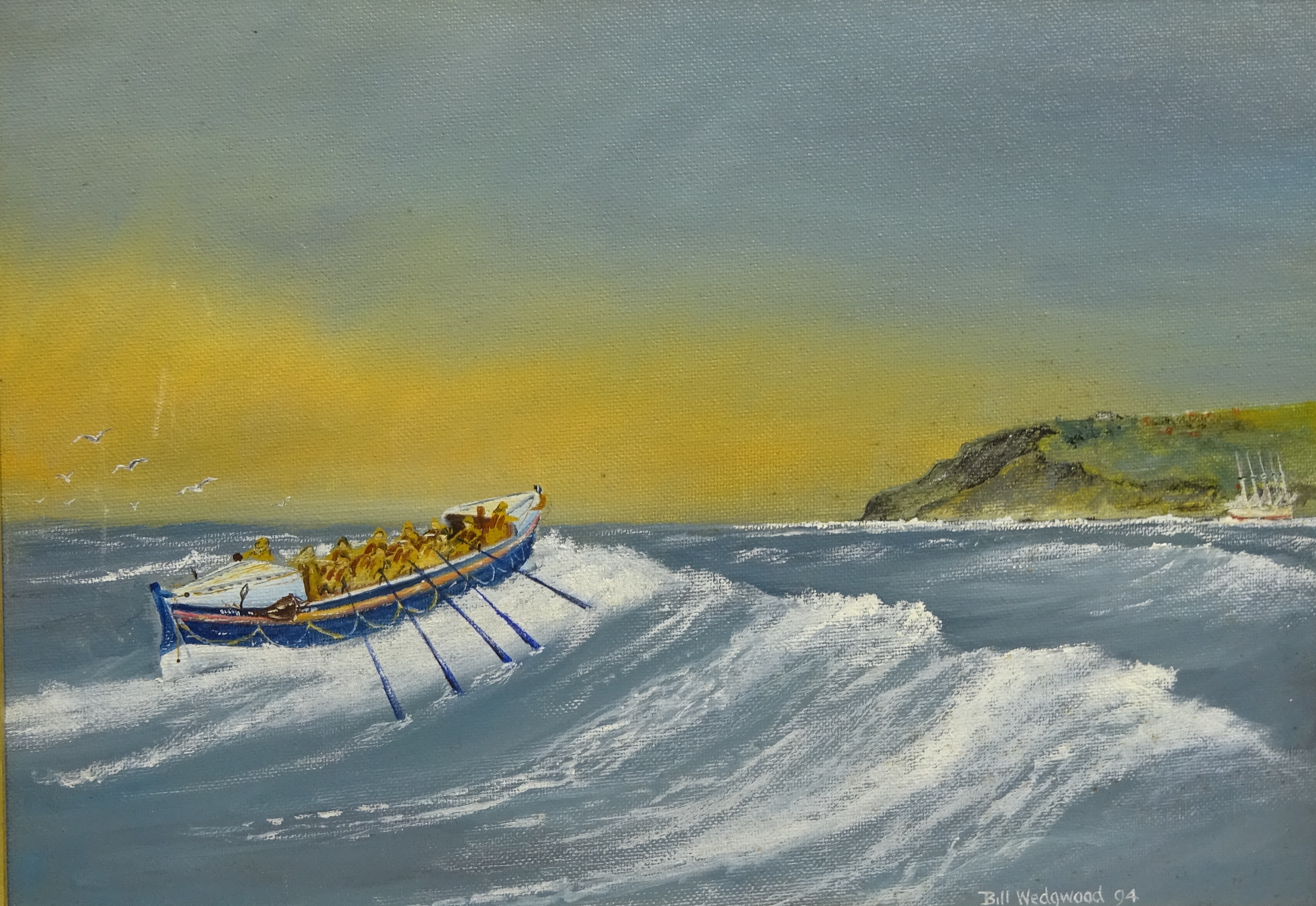 Lifeboats at Sea, three 20th century oils on board, signed by John Thompson, Bill Wedgwood and M. - Image 3 of 4