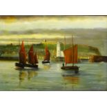Robert Sheader (British 20th century): Fishing Boats in Scarborough Harbour at Dusk,