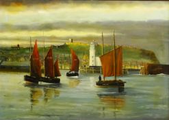 Robert Sheader (British 20th century): Fishing Boats in Scarborough Harbour at Dusk,