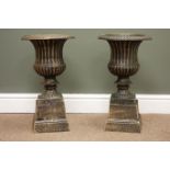 Pair classical style bronze finish urn, egg and dart rim detailing, on square tapering base, W28cm,