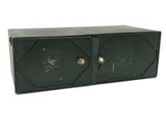 Vintage green finish two door locker unit, with brass door handles and black side handles, W91cm,