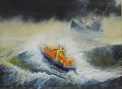 David Biglands (Northern British late 20th century): 'Into the Storm' - Whitby Lifeboat on a Rescue,