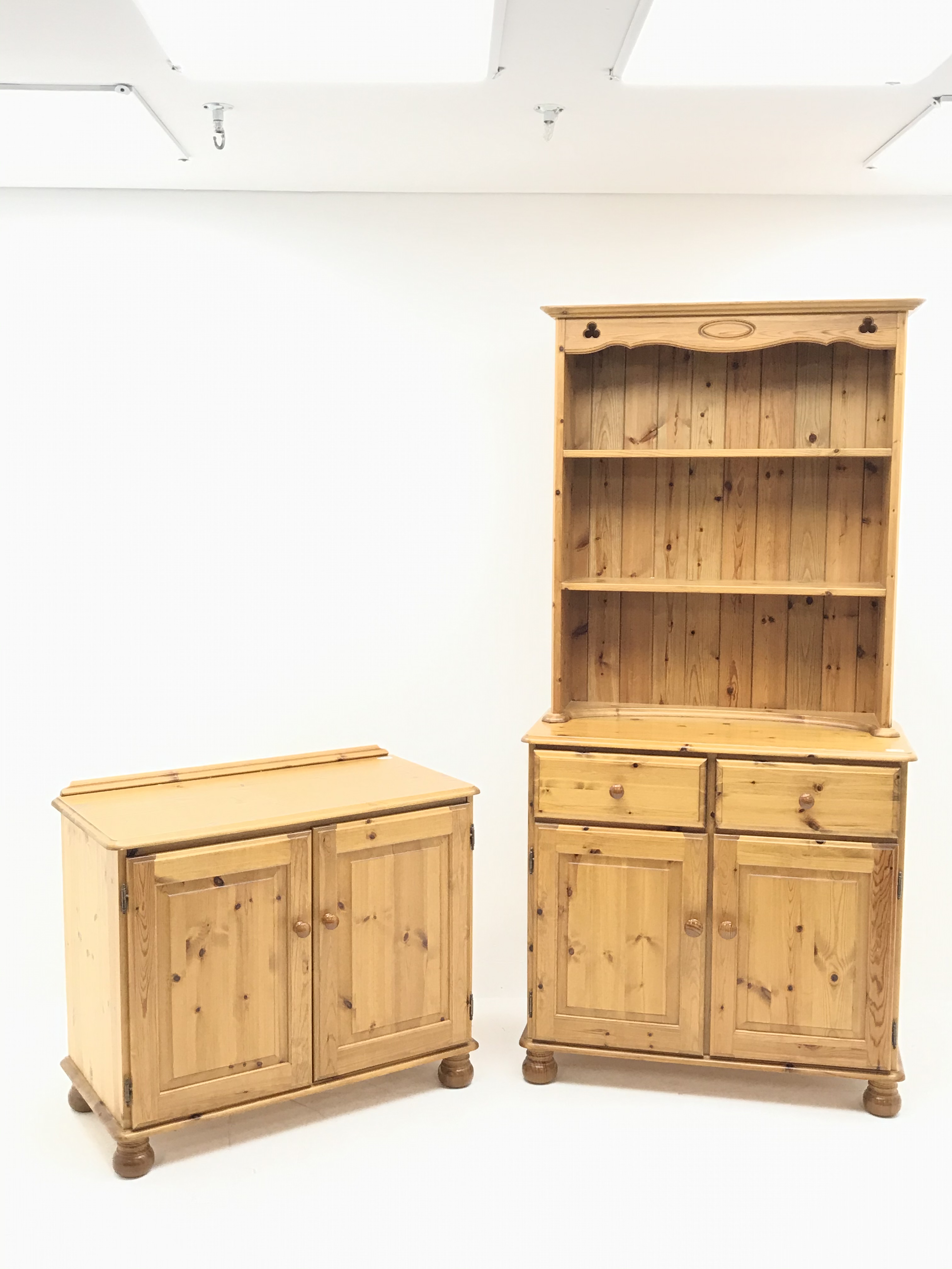 Pine two drawer dresser, two tier rack above two drawers and two cupboards, bun feet (W90cm, H189cm,