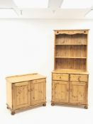 Pine two drawer dresser, two tier rack above two drawers and two cupboards, bun feet (W90cm, H189cm,