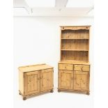 Pine two drawer dresser, two tier rack above two drawers and two cupboards, bun feet (W90cm, H189cm,