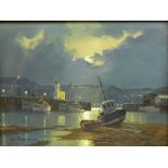 Don Micklethwaite (British 1936-): Beached Boats Scarborough Harbour Under Moonlight,