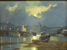 Don Micklethwaite (British 1936-): Beached Boats Scarborough Harbour Under Moonlight,