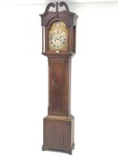 18th century oak longcase clock, arched brass dial, signed in roundel Wm.