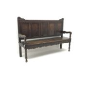 19th century oak hall bench, heavily carved panelled back, turned supports,