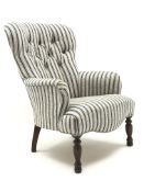 Small Victorian style armchair upholstered in deep buttoned stripe fabric, turned supports,