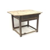 Georgian pine side table, single drawer, square supports joined by stretchers, W107cm, H74cm,