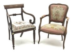 Regency mahogany elbow chair on fluted supports and a French style walnut armchair with woolwork