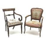 Regency mahogany elbow chair on fluted supports and a French style walnut armchair with woolwork