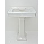 White glazed Art Deco style rectangular wash basin and pedestal,