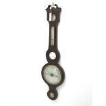 19th century inlaid mahogany wheel barometer with silvered dials and thermometer, inscribed Josh.