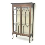 Edwardian inlaid mahogany display cabinet, two doors enclosing two lined shelves,