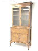 Early 20th century oak inlaid bureau bookcase projecting cornice,