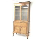 Early 20th century oak inlaid bureau bookcase projecting cornice,