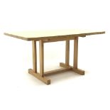 Treske ash rectangular dining table, rectangular supports on shaped sledge supports, W145cm, H73cm,