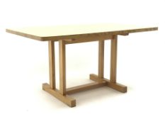 Treske ash rectangular dining table, rectangular supports on shaped sledge supports, W145cm, H73cm,