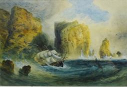 English School 19th/early 20th century: Sailing Vessel in Distress Along a Rocky Coastline,
