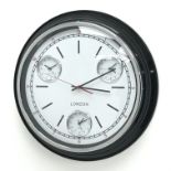 Circular metal cased wall clock Roman dial with New York, Sydney and Paris time zone dials,