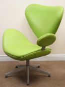 Retro style shaped chair, upholstered in a lime green material, metal frame, five spoke supports,
