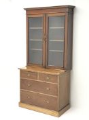 19th century mahogany bookcase on chest, two glazed doors, three shelves,