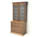 19th century mahogany bookcase on chest, two glazed doors, three shelves,