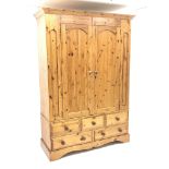 Solid pine double wardrobe, projecting cornice,