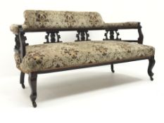 Late Victorian mahogany framed settee, upholstered back, arms and seat, pierced shaped splat,