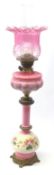 19th century French pink opaque glass oil lamp with cranberry glass shade,