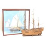 Model of a French two masted fishing boat in glazed display case, W68cm, H65cm,