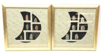 Pair of framed displays of decorated Oriental stones,