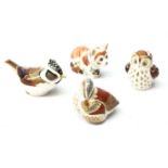 Four Royal Crown Derby Collectors Guild paperweights: Crested Tit, Owlet,