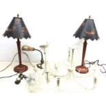 Vintage brass pendant light fitting with star moulded glass shade,