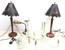 Vintage brass pendant light fitting with star moulded glass shade,