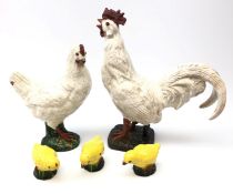 French glazed terracotta family of Chickens and Chicks, probably Bavent,