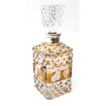 Bohemian amber flash and cut glass decanter with white metal collar,