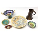 Mintons lustre ceramics comprising three pin dishes with Stag and Fruit designs and matching