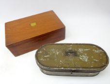 19th century painted tin box, oblong form with folding handle,