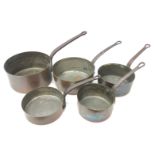 Matching set of four copper saucepans stamped 26, 20 & 18 and French sauté pan,