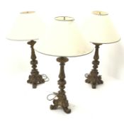 Three Italian giltwood style table lamps on trefoil base with shades,