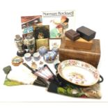 Victorian papier-mâché blotter, Victorian walnut work box with Tunbridge banding,