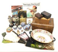 Victorian papier-mâché blotter, Victorian walnut work box with Tunbridge banding,